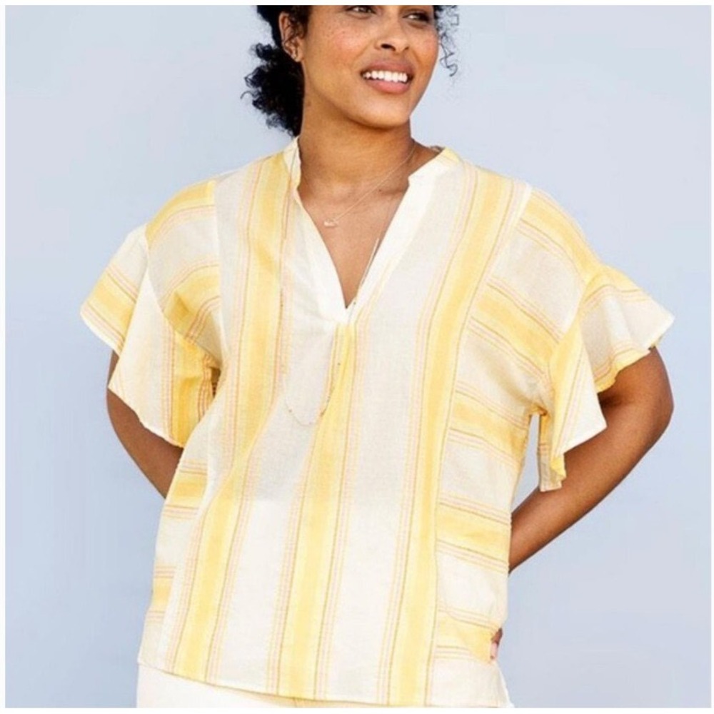 MATILDA JANES Womens Medium Yellow White Stripe Loose Fit Short Sleeve Top LL8